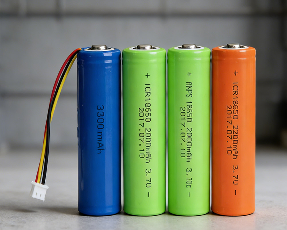 different 18650 lithium-ion battery cells 2200mAh, 3000mAh, and 3300mAh.