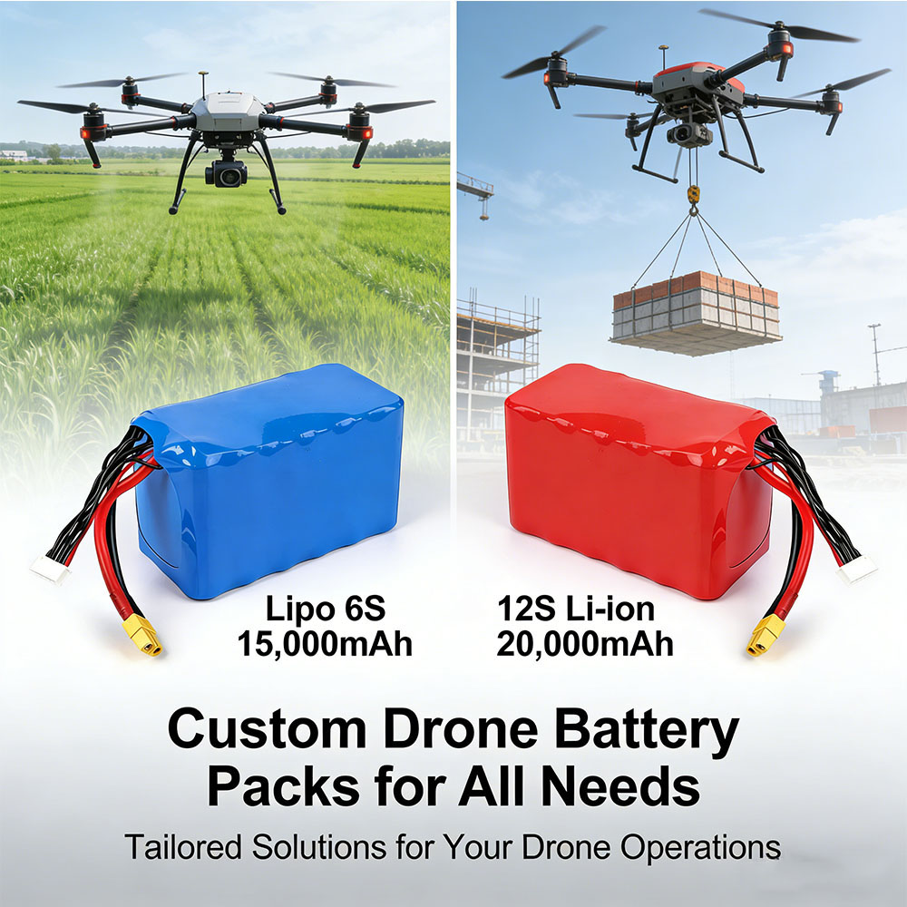 custom UAV battery packs including Lipo 6S 15,000mAh and 12S Li-ion 20,000mAh models, designed for different drone applications,