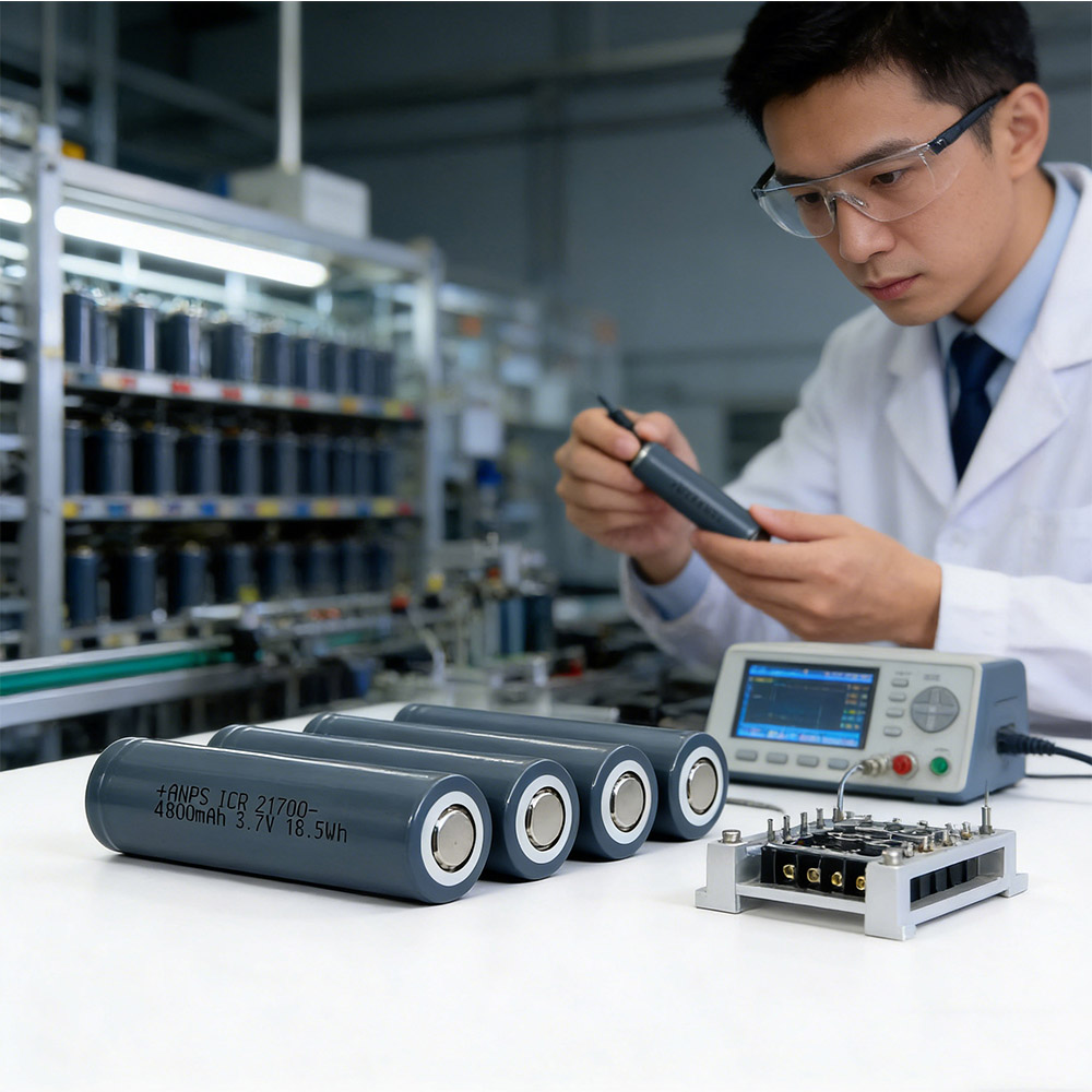 Engineer testing 21700 3.7V 4800mAh lithium-ion battery for OEM bulk supply quality control