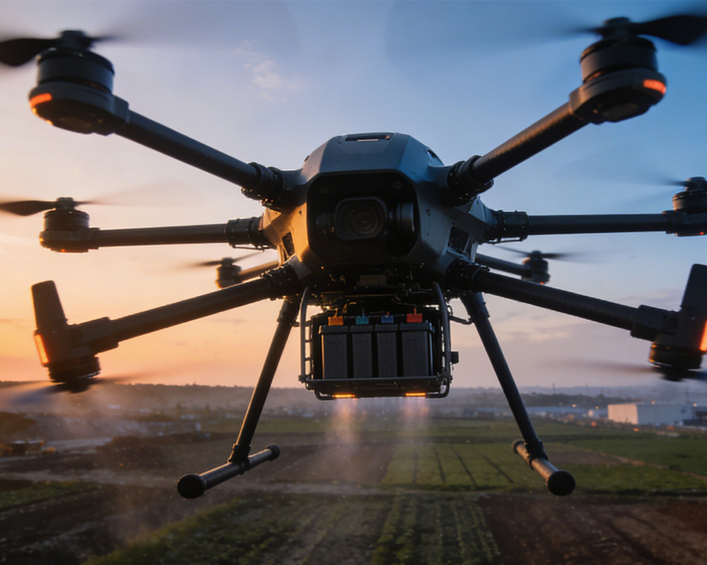 Industrial UAV powered by reliable drone LiPo battery performing professional aerial operation at sunrise.