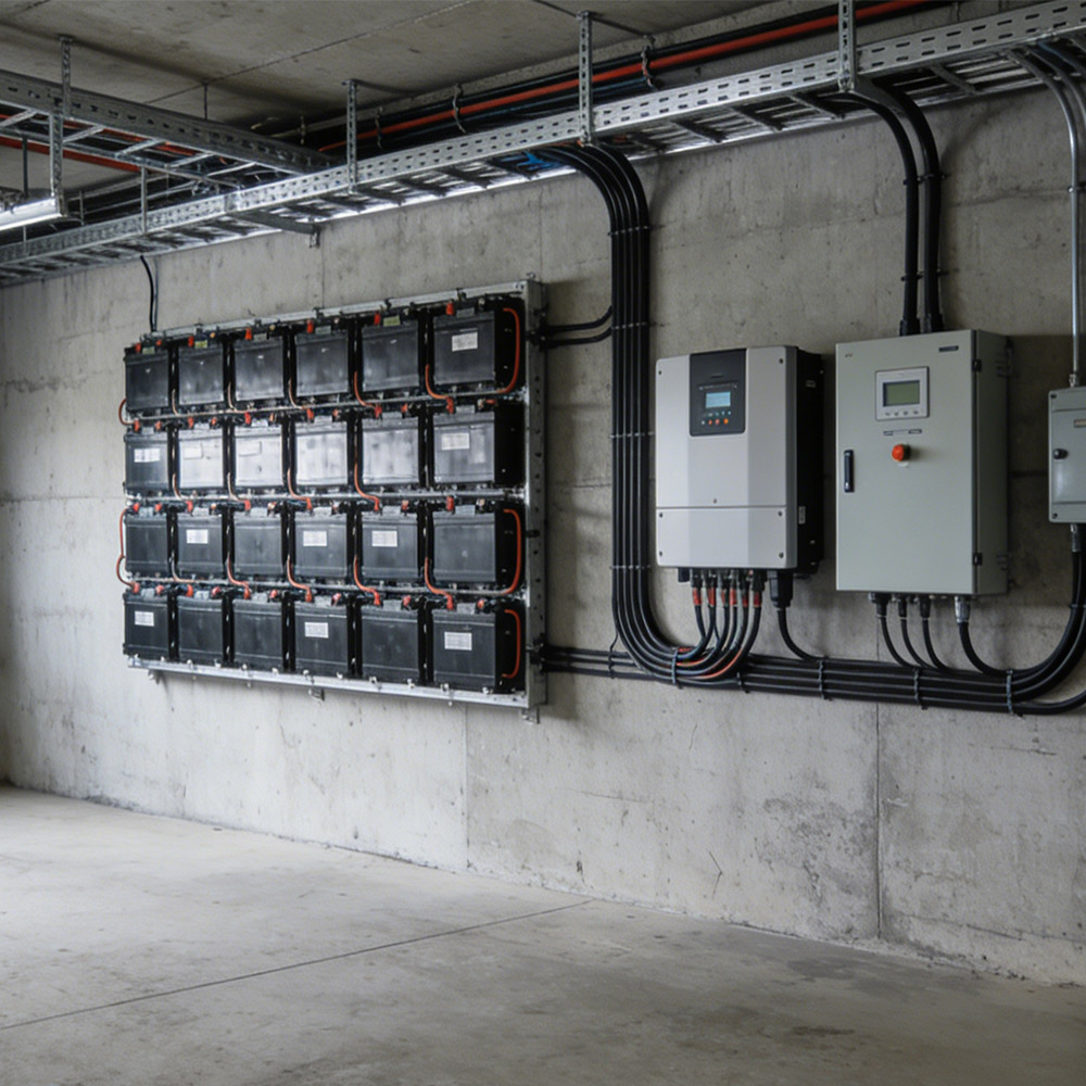 Wall mounted battery storage installed in a garage utility room with clean cable management and floor space kept clear