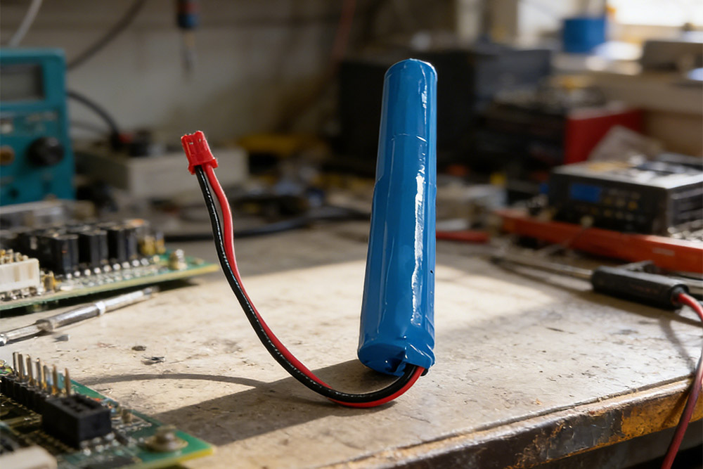 14500 lithium ion rechargeable batteries and battery pack on an electronics workbench