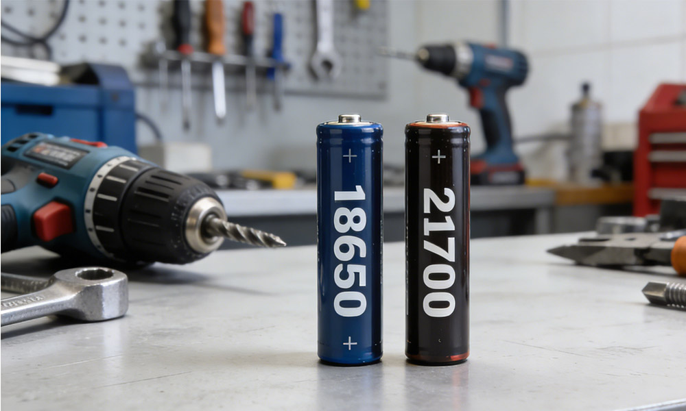 Visual comparison of 18650 and 21700 lithium battery cells for cordless power tools on a workshop table.