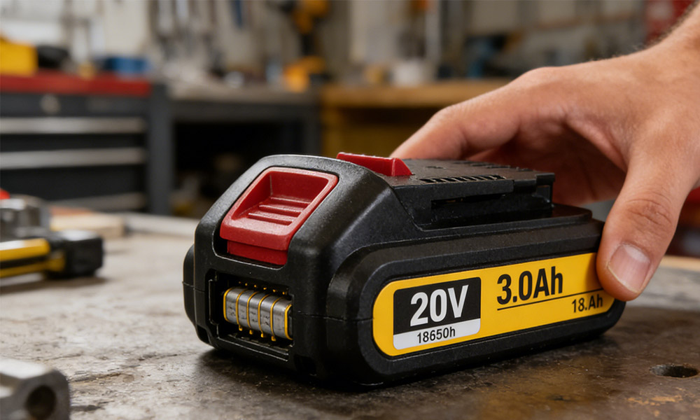 20V 3.0Ah lithium drill battery with 18650 cells on a workshop table, demonstrating practical use