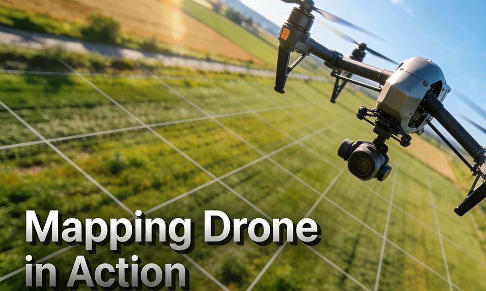 A professional mapping drone flying over farmland following a grid survey route, demonstrating a real-world surveying mission.