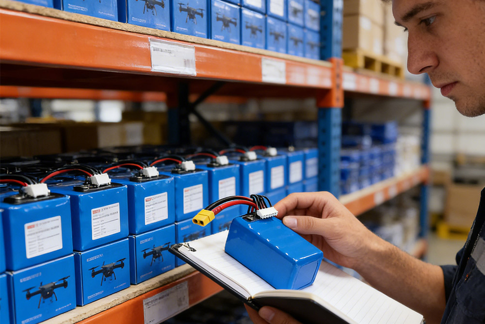Warehouse filled with wholesale drone batteries ready for bulk purchase