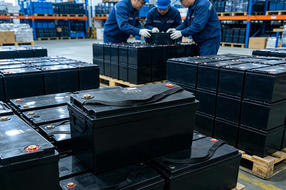 12V 100Ah LiFePO4 batteries prepared for wholesale distribution in warehouse