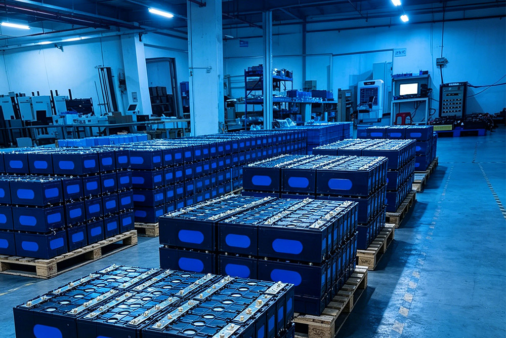 280Ah LiFePO4 battery cells stacked in warehouse for bulk sale