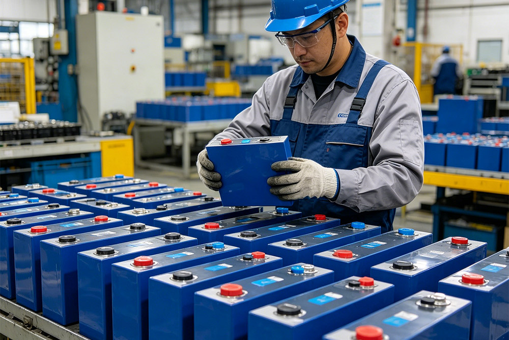 engineer inspecting 280Ah LiFePO4 battery cells quality