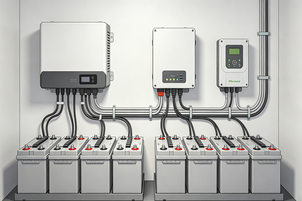 12V 100Ah LiFePO4 batteries connected in solar energy system