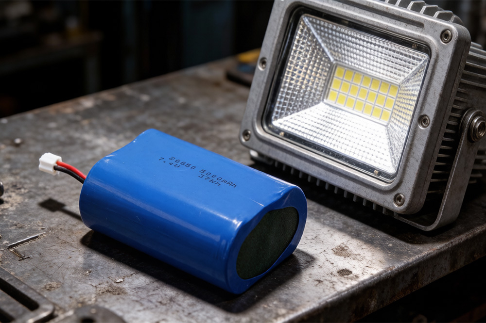 7.4V rechargeable 26650 lithium-ion battery pack beside LED floodlight