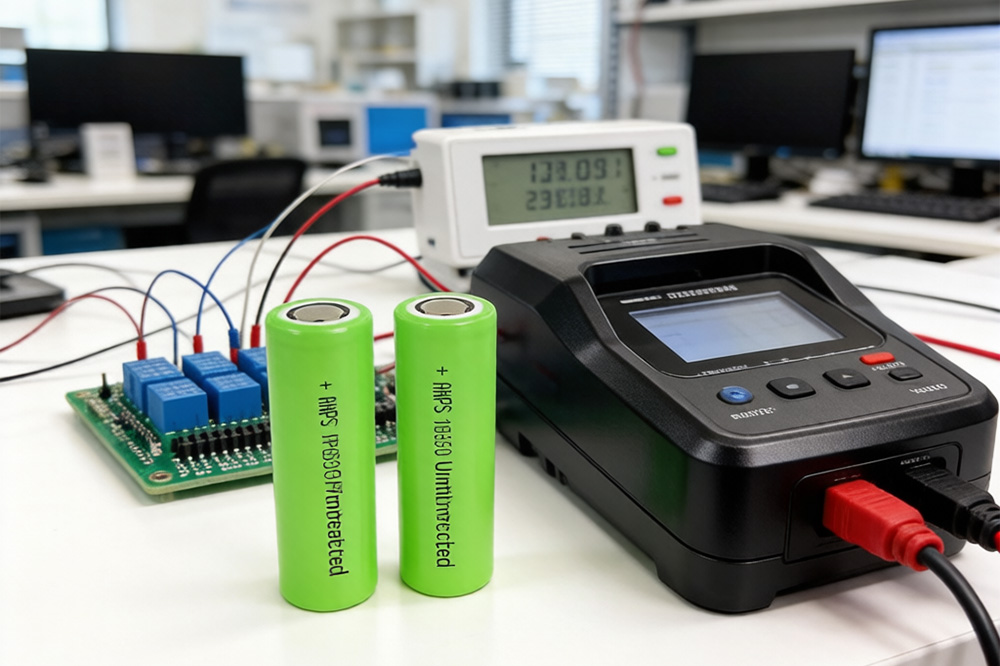 Unprotected vs protected 18650 lithium-ion batteries on a workbench