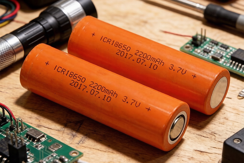 18650 3.7V 2200mAh lithium ion rechargeable batteries on workbench