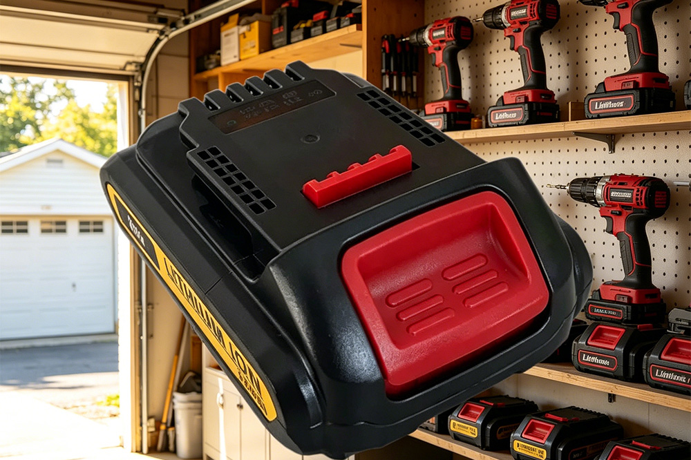 Cordless power tool batteries stored inside a home garage workshop