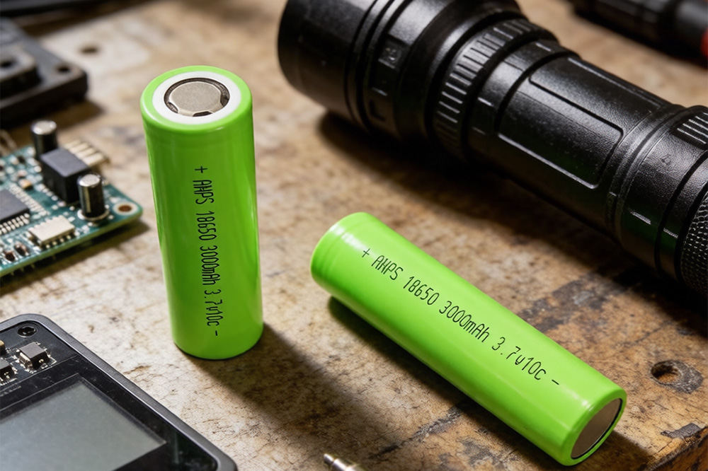 18650 3.7V 3000mAh rechargeable lithium ion battery cells on workbench