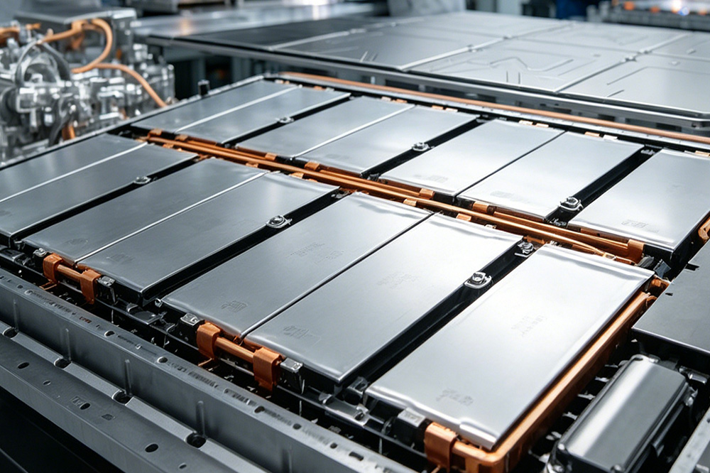 Lithium ion pouch batteries connected in a battery module