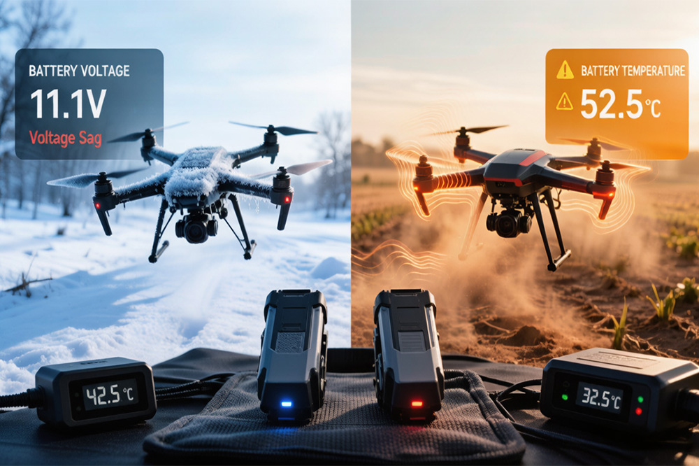 Drone batteries operating in cold and hot weather conditions