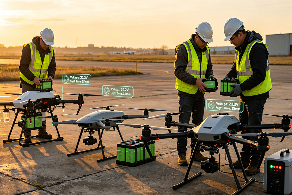 Different industrial UAVs using specialized battery systems for commercial applications