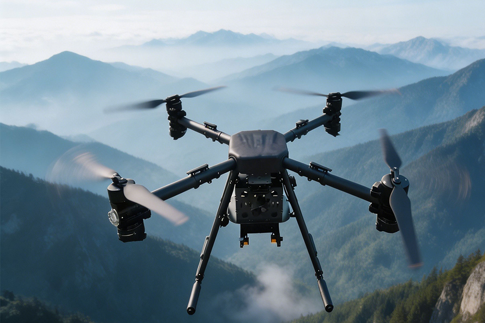 Industrial long-range UAV using high capacity lithium battery during flight mission