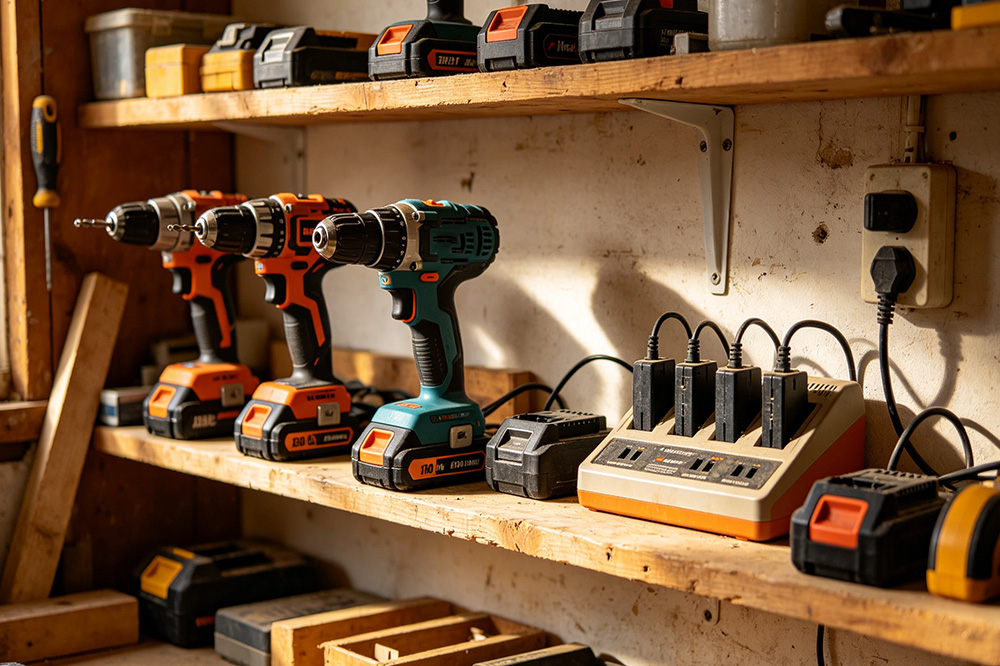 Cordless power tool batteries stored neatly in a workshop