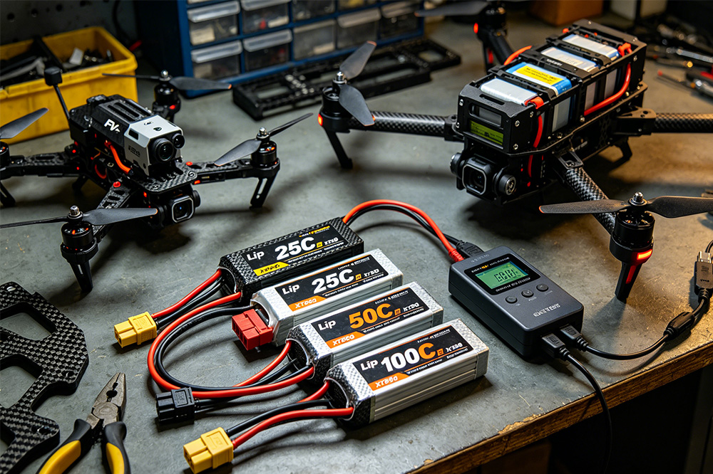 Different UAV batteries showing C ratings for FPV and industrial drones