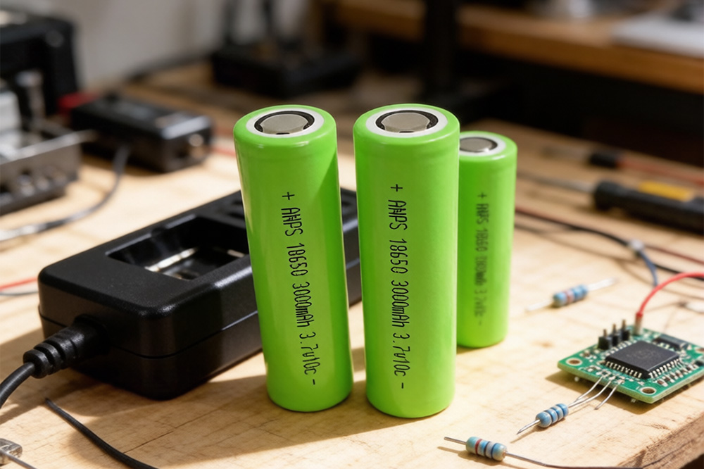 18650 unprotected rechargeable lithium ion batteries on workbench