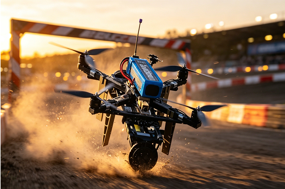 High-performance FPV drone using LiPo battery during aggressive flight