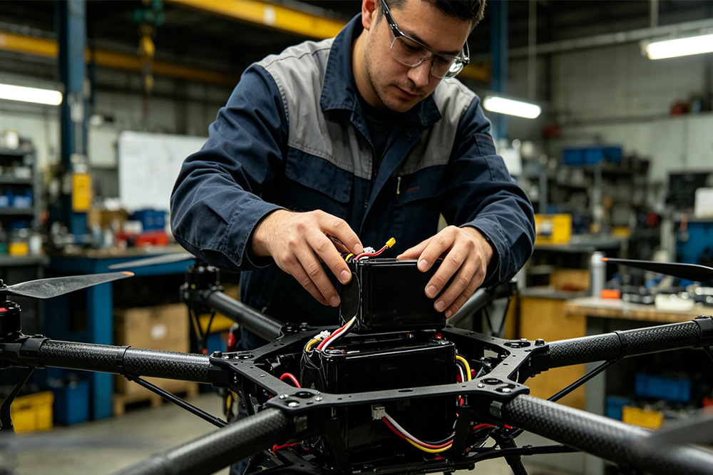 Custom high capacity battery pack installed inside industrial drone