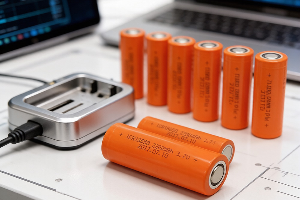 Different types of 18650 rechargeable lithium batteries arranged on a surface