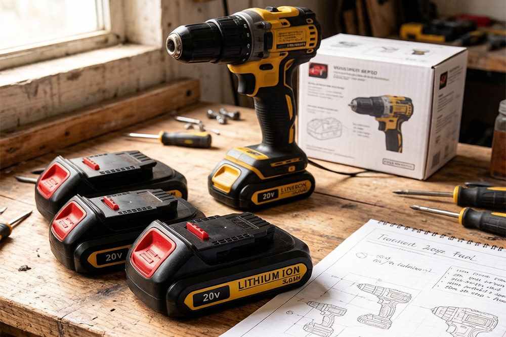 workshop table with multiple 20V drill batteries