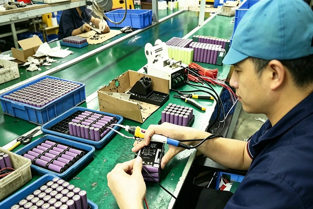 Lithium battery factory production line showing 18650 cells inspection and battery pack assembly for wholesale buyers