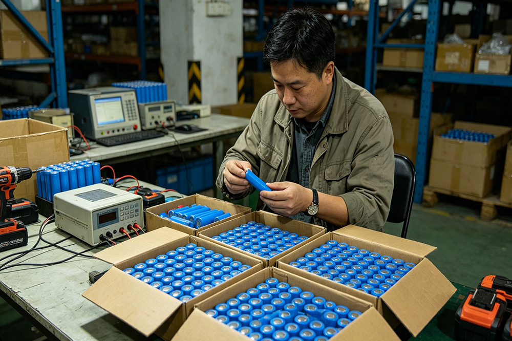 Buyer inspecting 18650 battery cells