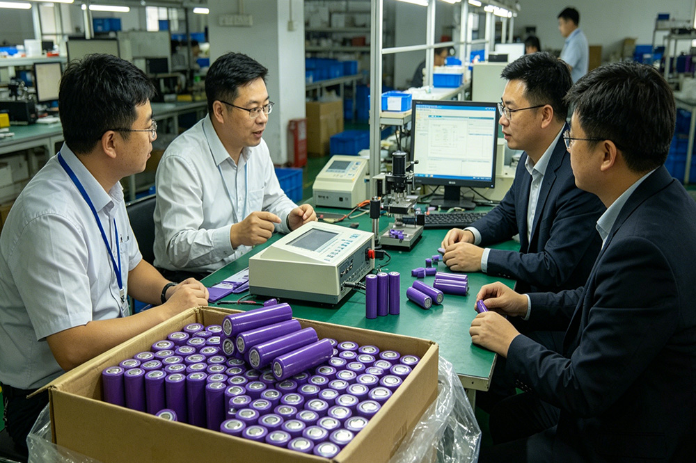 Buyer inspecting 18650 lithium ion cells at a Chinese battery supplier factory