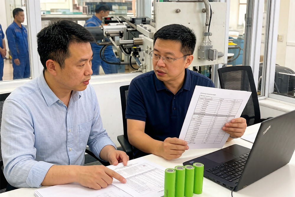 engineers reviewing 18650 battery test reports and production data sheets