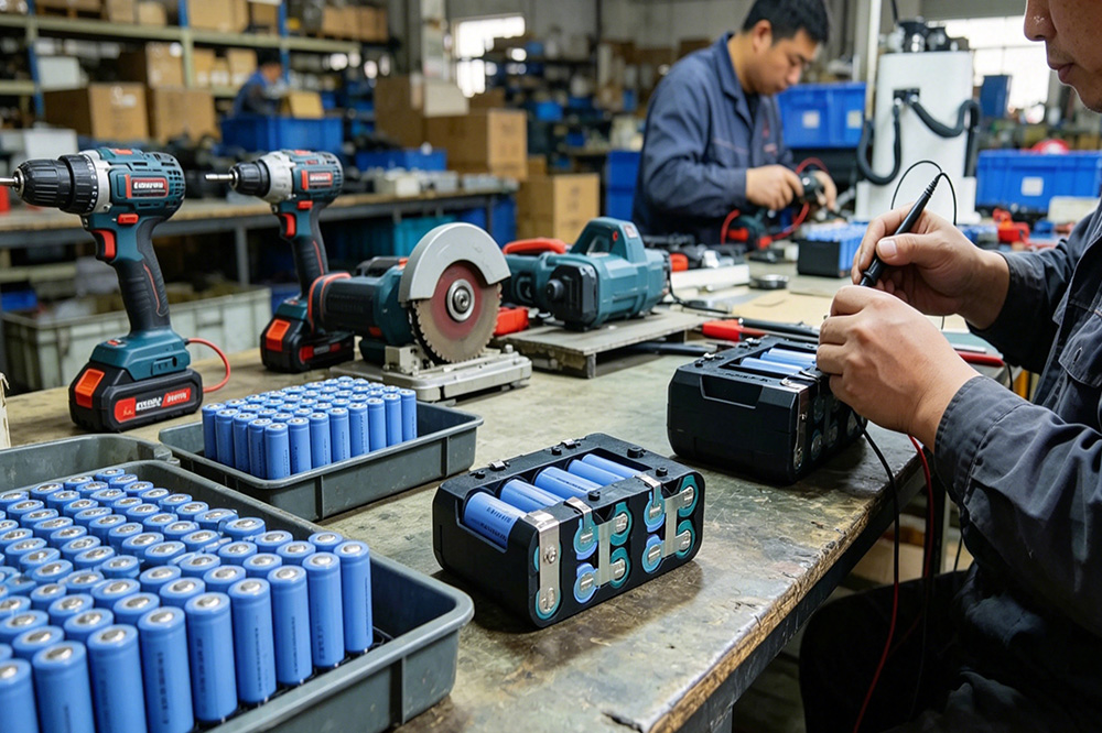 Factory production line assembling 18650 battery packs for cordless power tools in an OEM workshop