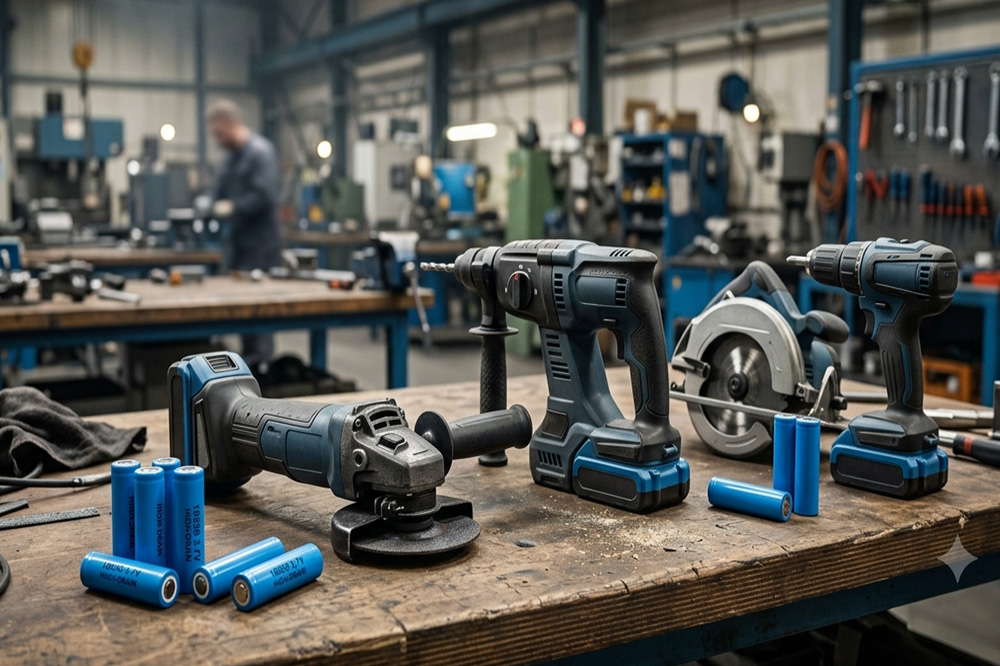 High-drain 18650 lithium batteries powering industrial cordless tools