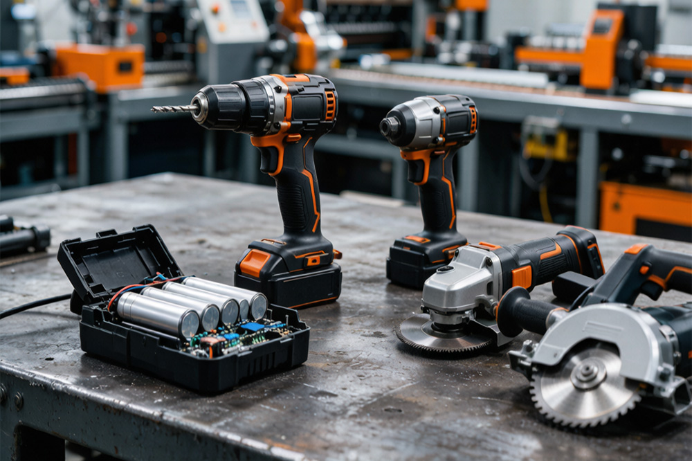 18650 lithium battery pack powering modern cordless power tools in an OEM manufacturing environment