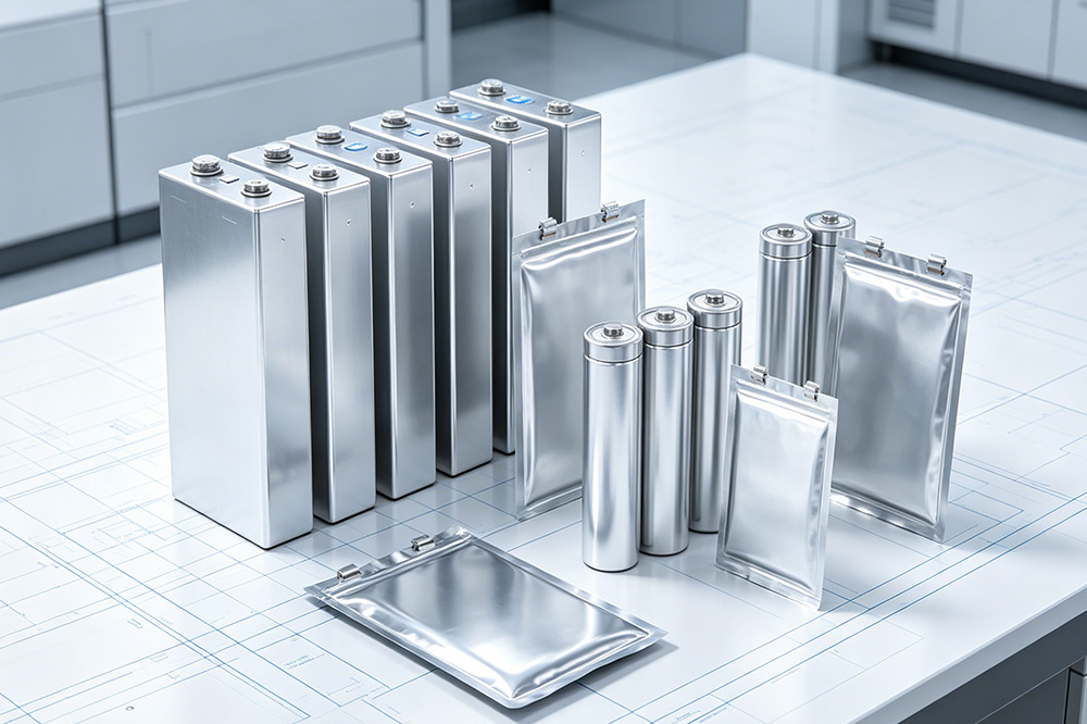 Large-format prismatic lithium battery cells arranged beside cylindrical and pouch batteries for structural comparison.