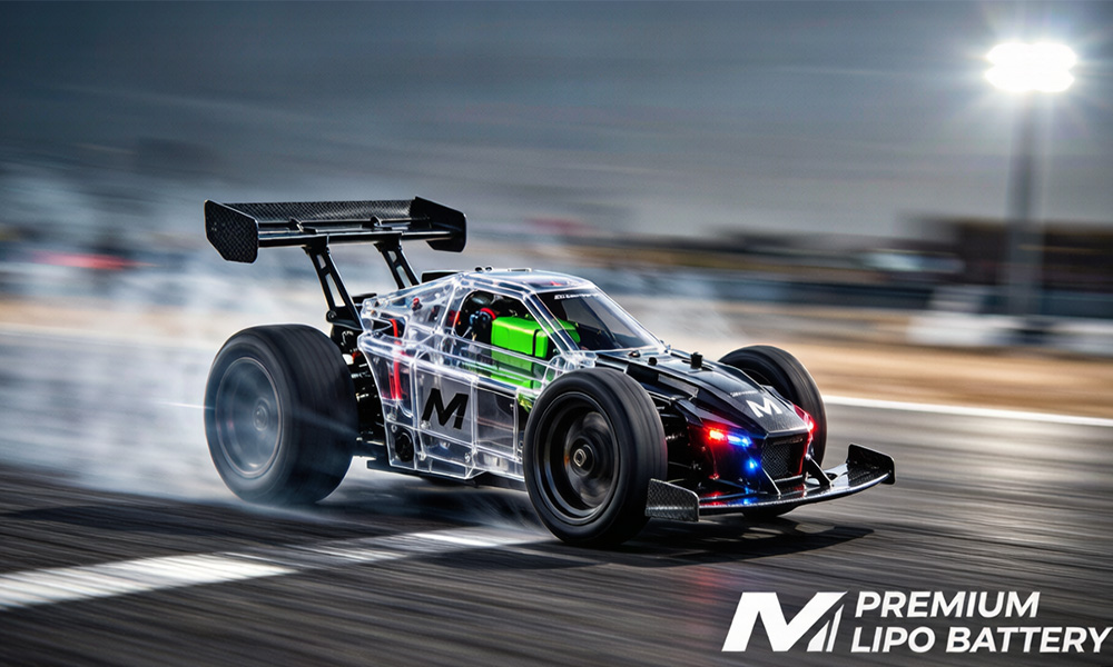 High-performance RC drag racing battery powering a no-prep drag car during launch