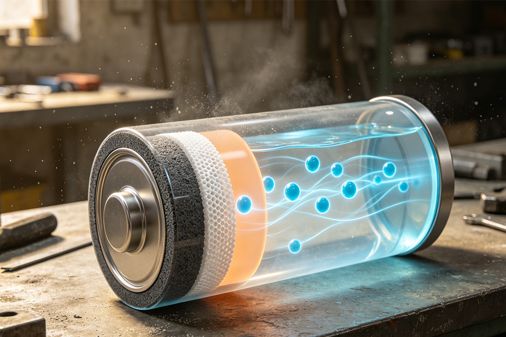 Cutaway lithium-ion battery showing lithium ions moving between anode and cathode during charge and discharge process