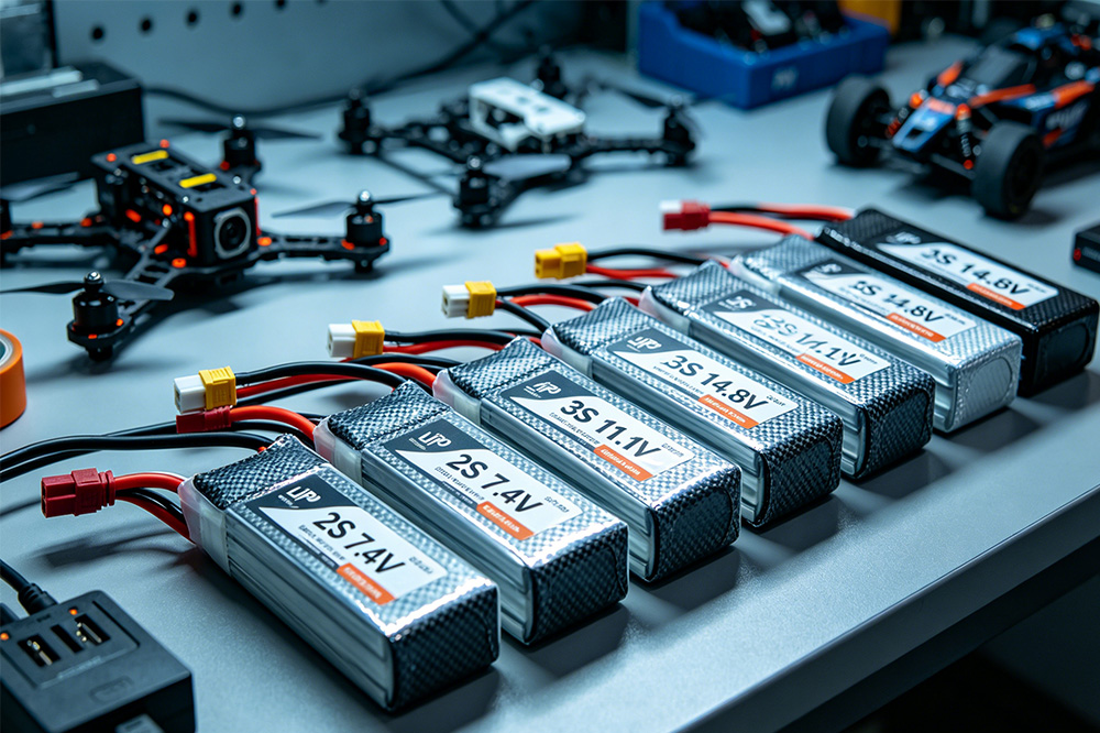 LiPo batteries arranged on an industrial workbench