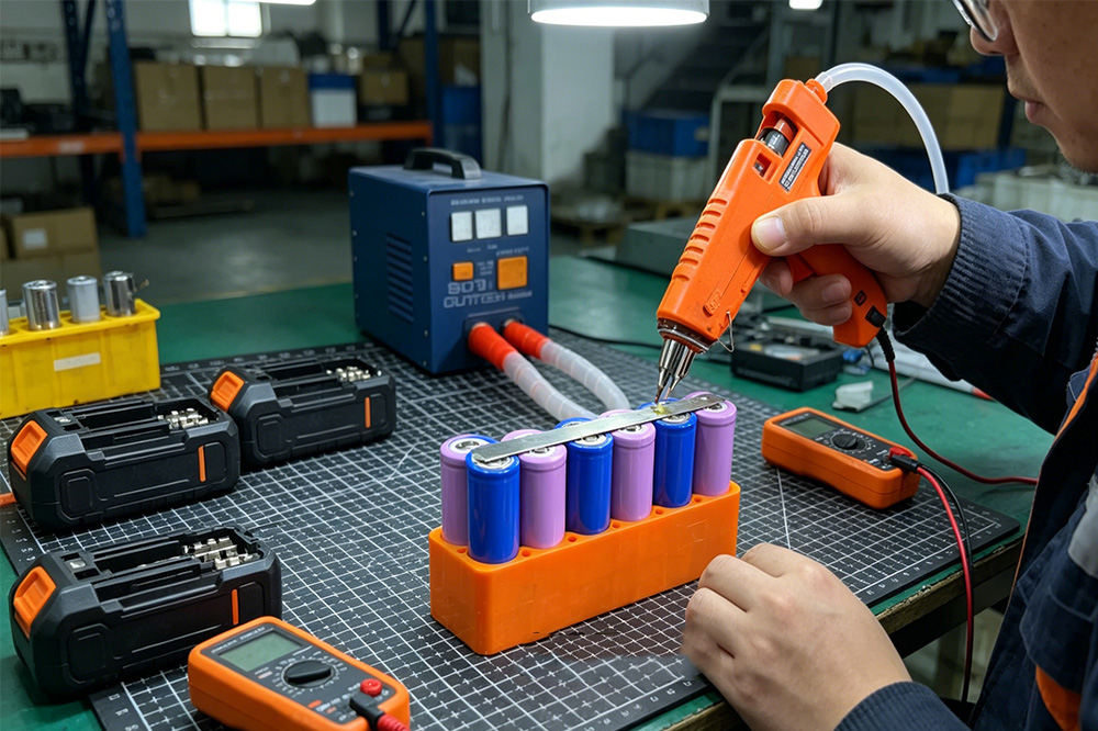 Wholesale 18650 batteries and power tool packs being inspected in a battery assembly workshop.