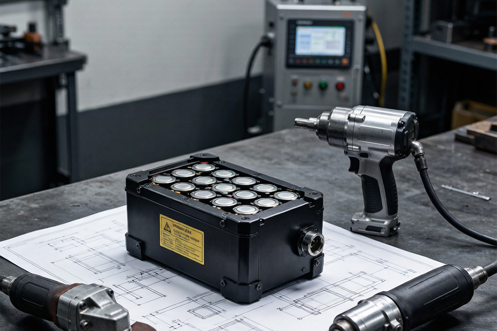 High-drain 18650 lithium battery pack powering industrial cordless tools on a professional workbench