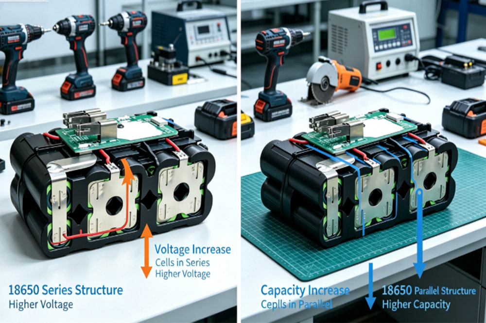 Comparison of 18650 battery cells connected in series and parallel configurations for cordless power tools