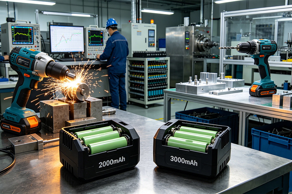 Side-by-side comparison of 2000mAh and 3000mAh 18650 lithium-ion cells used in cordless power tool battery packs
