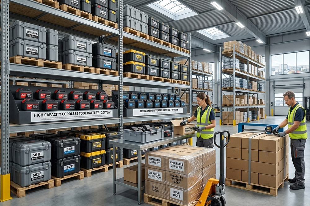 OEM aftermarket 18650 battery packs displayed for cordless power tool wholesale distribution