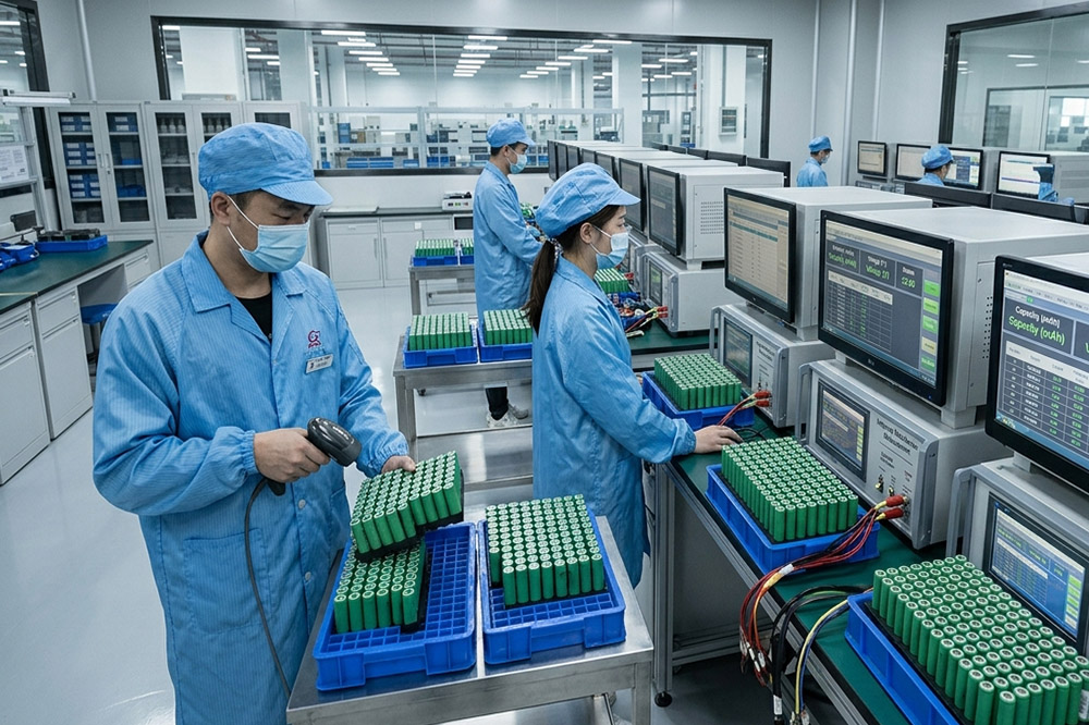 Chinese battery engineers testing 18650 lithium cells before power tool battery production
