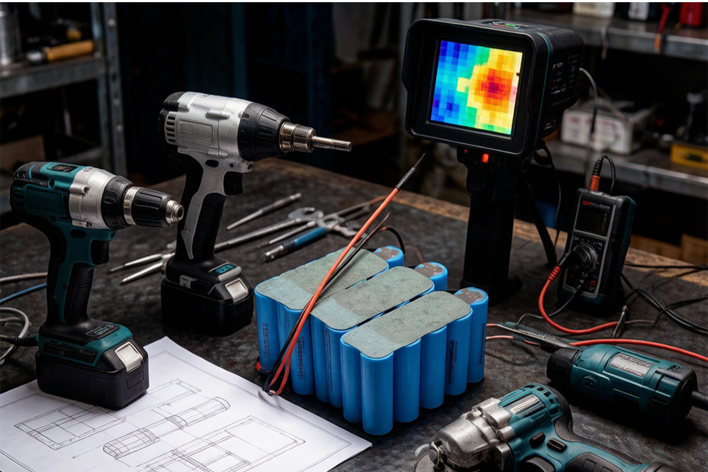 High-discharge 18650 lithium battery pack beside industrial cordless power tools on a workshop bench