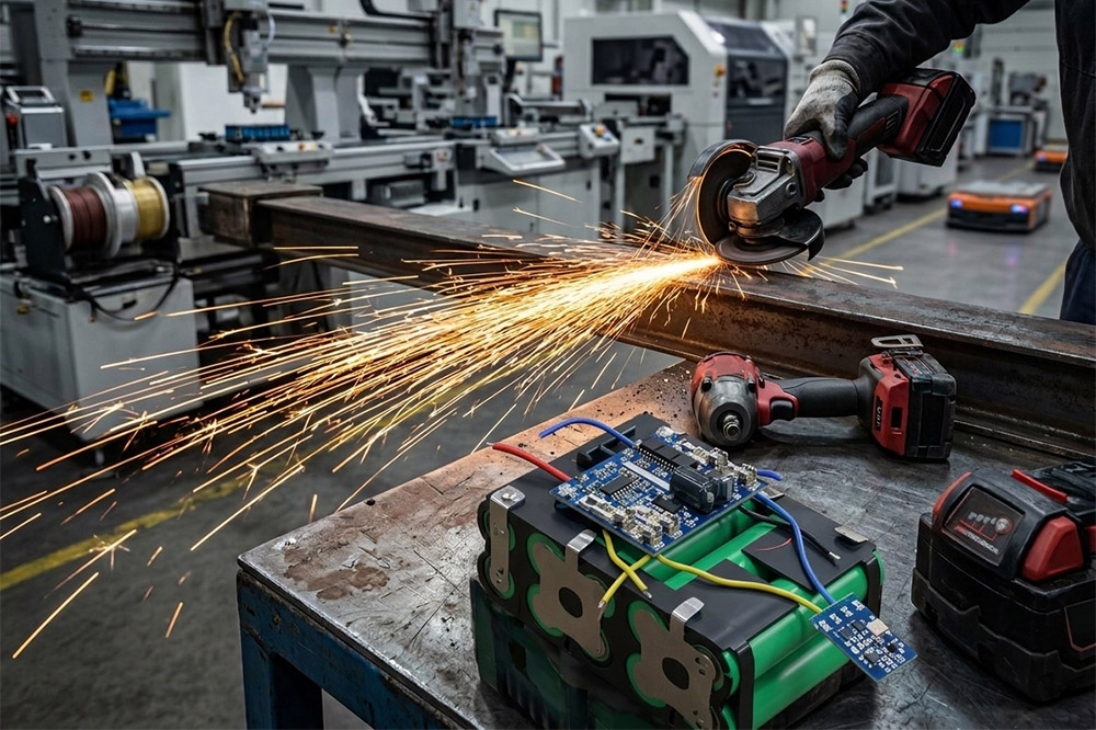 High discharge 18650 lithium-ion battery cells powering cordless industrial tools under heavy load conditions