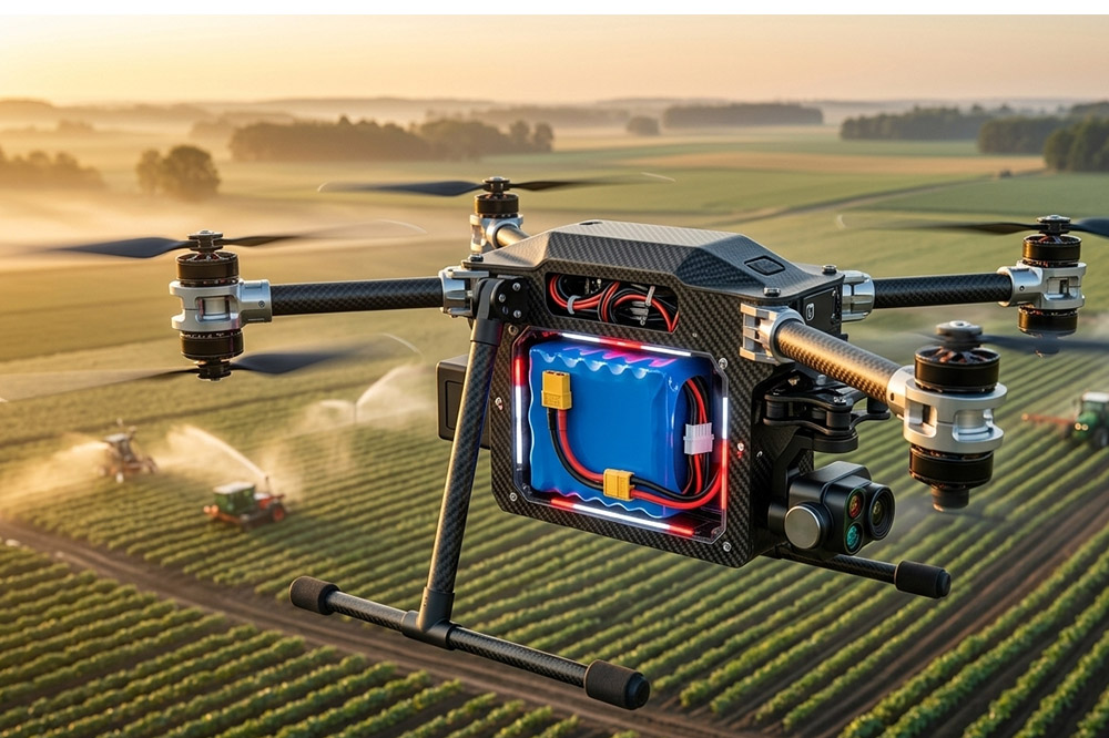 Custom lithium UAV battery powering an industrial drone during flight